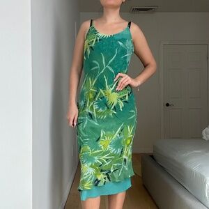 VINTAGE GREEN+BLUE TROPICAL MIDI DRESS